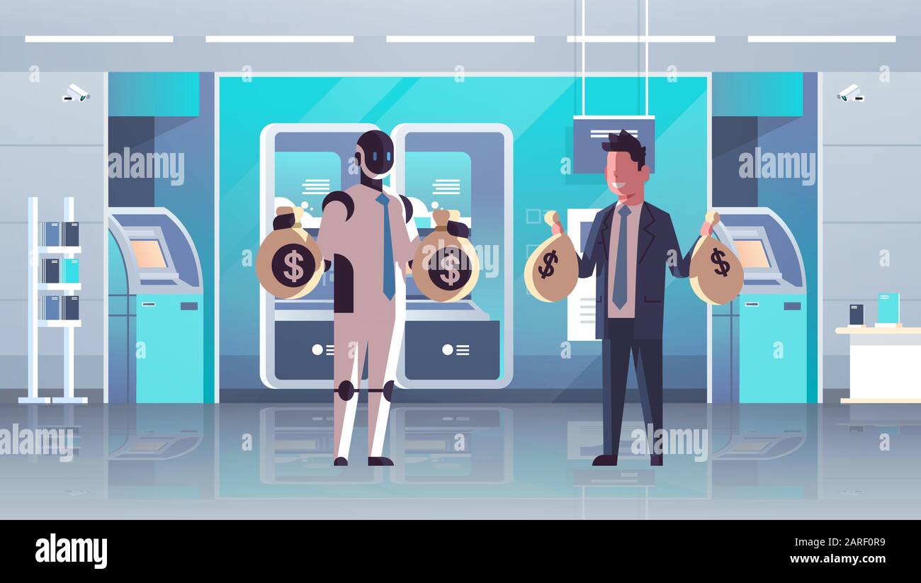 humanoïde et homme d'affaires tenant des sacs avec robot d'argent vs humain debout ensemble technologie d'intelligence artificielle profit financier concept banque intérieur pleine longueur horizontale illustration vectorielle Illustration de Vecteur humanoïde et homme d'affaires tenant des sacs avec robot d'argent vs humain debout ensemble technologie d'intelligence artificielle profit financier concept banque intérieur pleine longueur horizontale illustration vectorielle Illustration de Vecteur