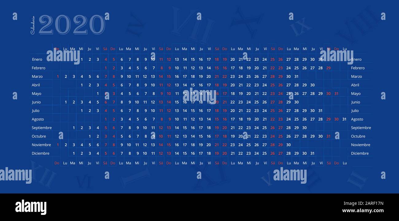Calendrier mural 2020 en espagnol sur fond bleu profond avec chiffres romains. Calendario español 2020. 12 mois ligne par ligne. Samedi et dimanche sont hi Illustration de Vecteur