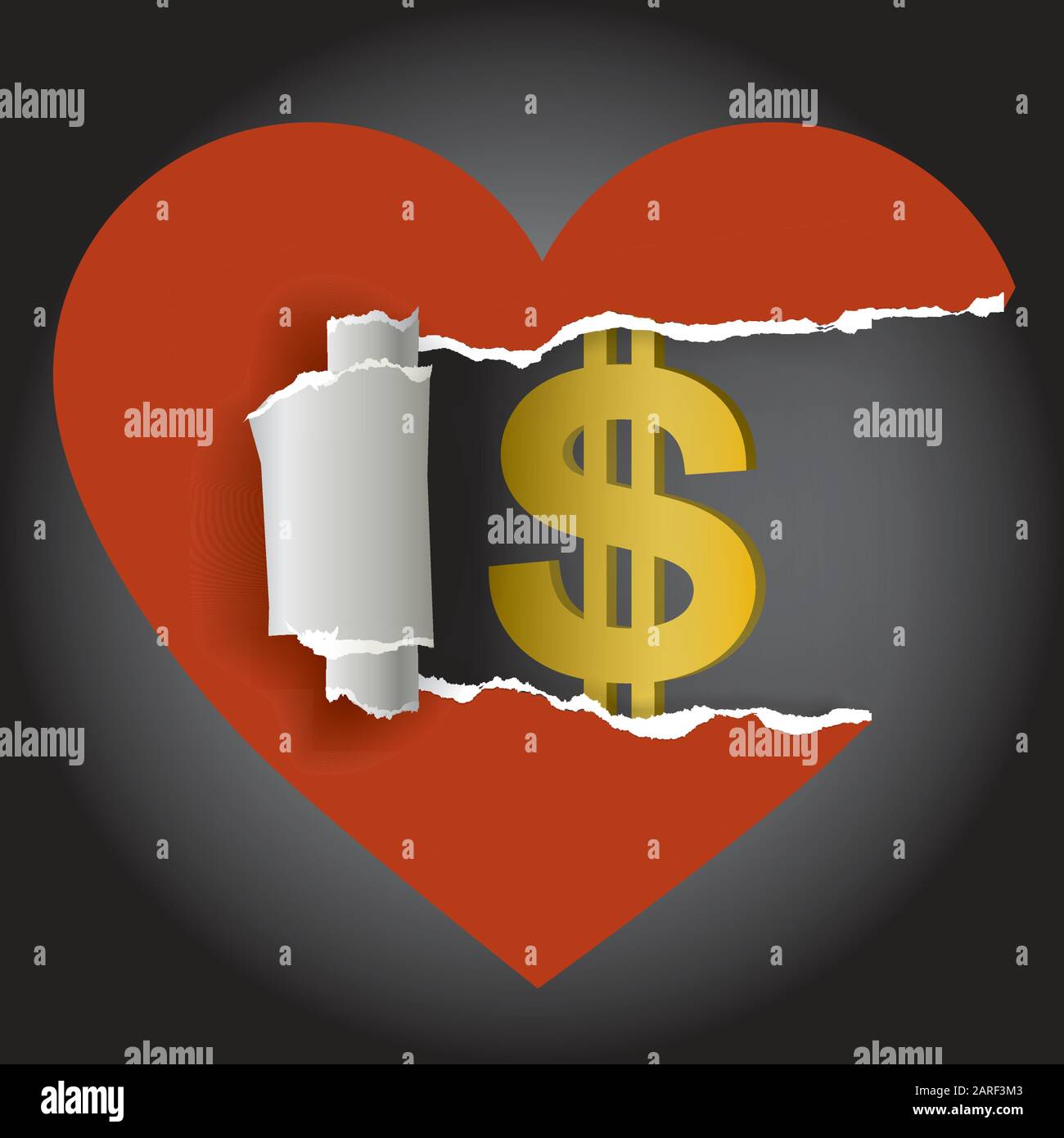 Symbole coeur et dollar. Cœur en papier déchiré avec symbole dollar