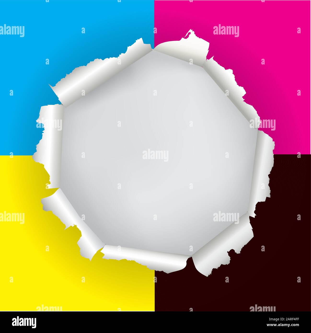 Couleurs CMJN trou de papier déchiré. Trou de papier déchiré avec couleurs d'impression et emplacement pour votre image ou texte. Concept de présentation de l'impression couleur. Illustration de Vecteur