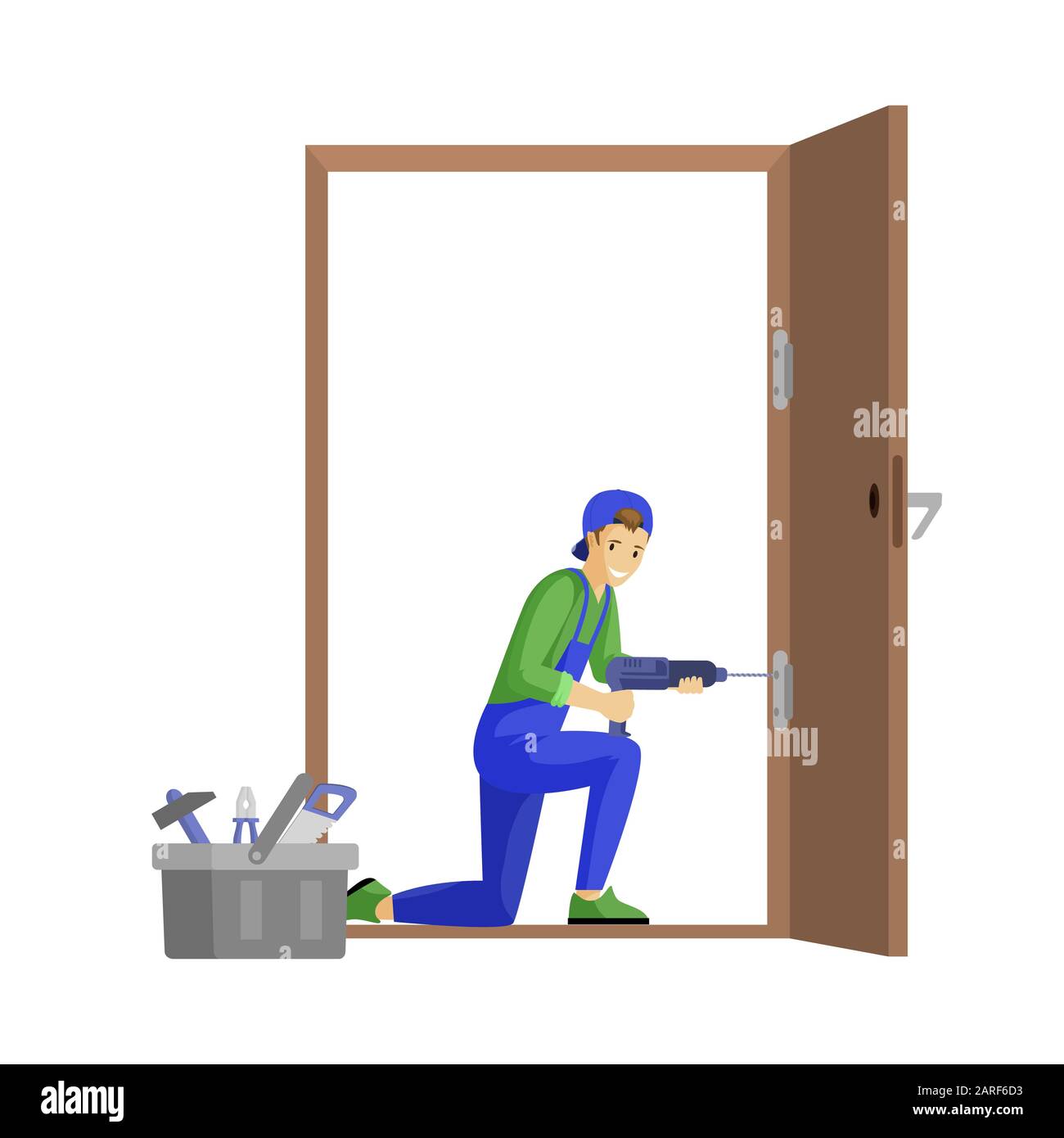 Illustration du vecteur de porte de fixation du réparateur. Charnière de porte de montage professionnel à l'aide d'un personnage de dessin animé pour perceuse électrique. Jeune charpentier, artisan au travail isolé sur fond blanc Illustration de Vecteur
