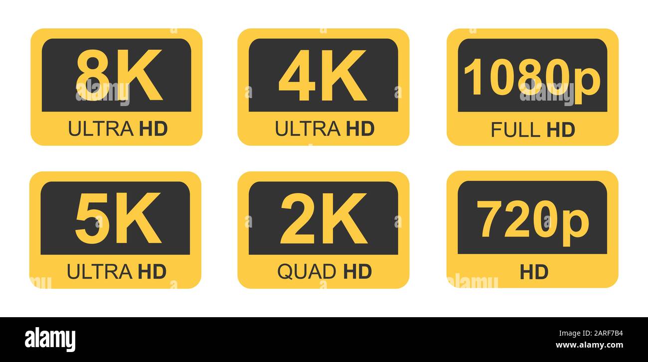 Golden 8 K, 4 K, 5 k Ultra HD Video Resolution Icon logo High Definition TV moniteur d'Écran de jeu Illustration de Vecteur