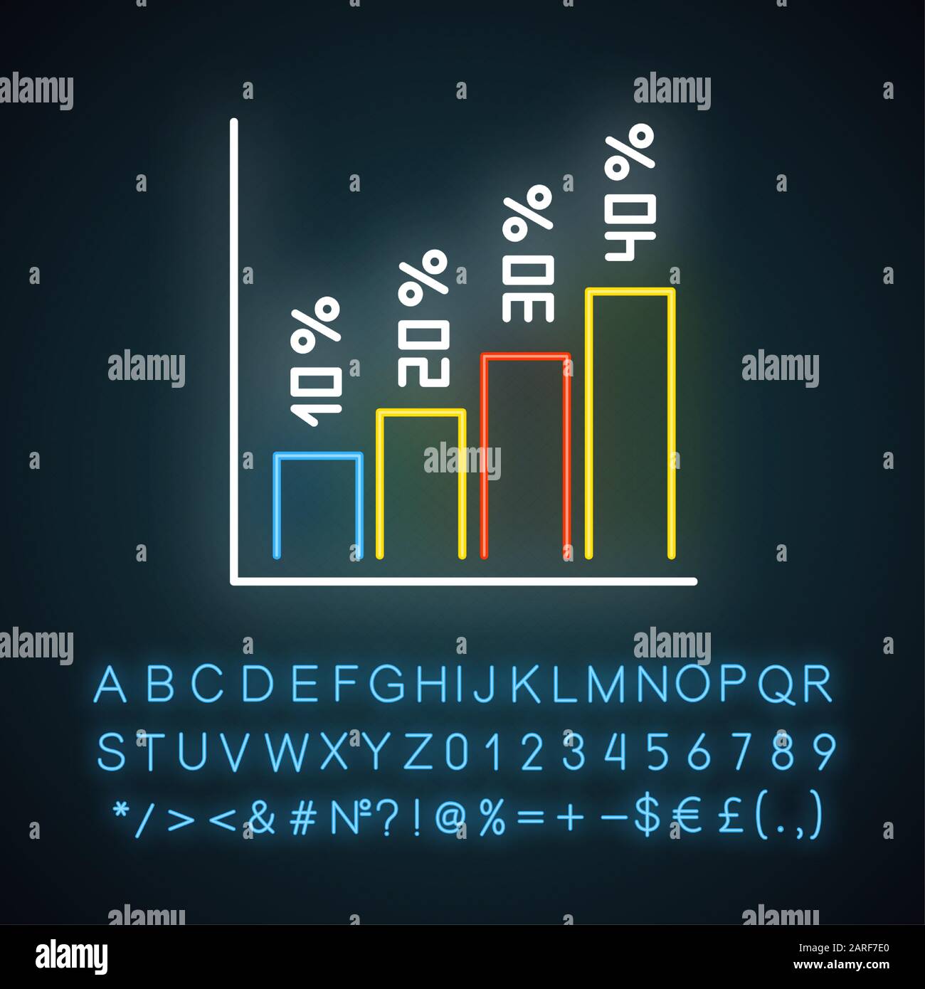 Icône d'histogramme vertical au néon. Augmentation des barres de taux d'intérêt. Graphique en hausse, croissance graphique. Diagramme de gestion. Signe lumineux avec alphabet, chiffres A Illustration de Vecteur