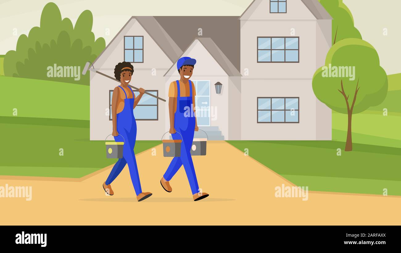 Illustration plate de peintres de maison professionnels. Homme et femme réparateur transportant des seaux à peinture et des personnages de dessin animé à rouleaux. Experts en rénovation de façades proposant des services de décoration Illustration de Vecteur