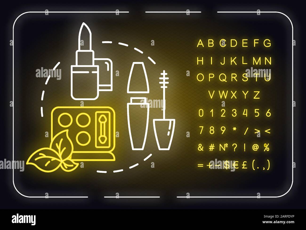 Maquillage, cosmétiques néon icône concept de lumière. Rouge à lèvres, mascara et ombre d'oeil, idée de produits de beauté. Signe lumineux extérieur avec alphabet, chiffres et symbo Illustration de Vecteur