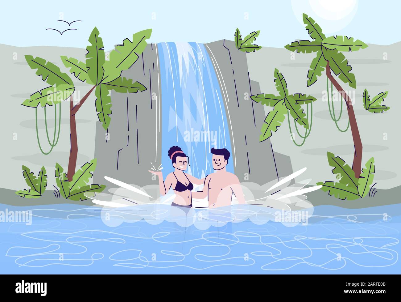 Couple nageant dans l'illustration de doodle plat de cascade. Touristes dans la piscine naturelle chaude. Paysage en cascade. Pays exotique. Indonésie tourisme 2 D carto Illustration de Vecteur