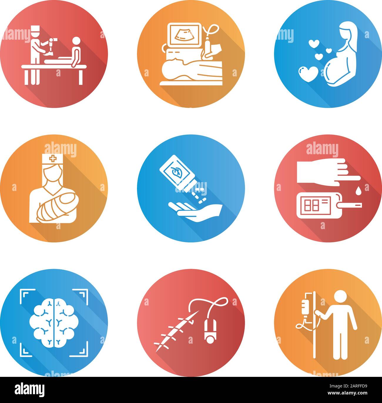 Ensemble d'icônes de glyphes d'ombre longs de conception plate pour procédure médicale. Prothèses. Diagnostic par ultrasons. Grossesse, pédiatrie. Homéopathie. Test sanguin. SC. Cerveau Illustration de Vecteur