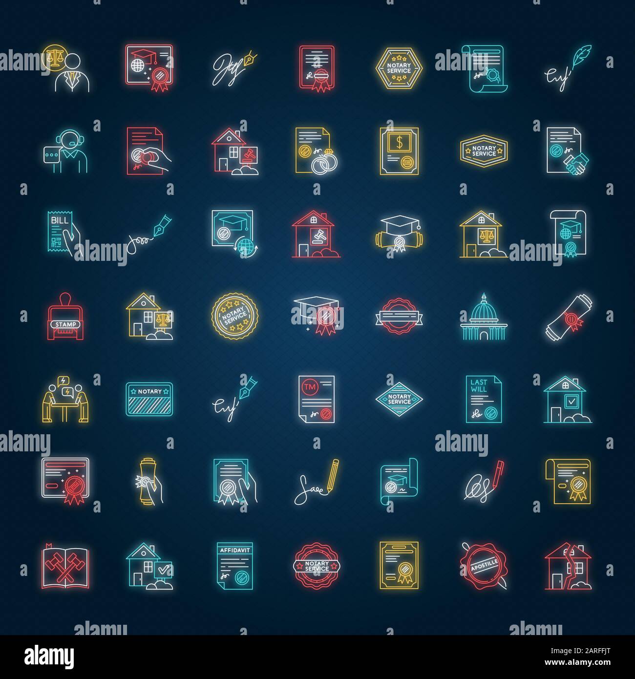 Notaire services néon icônes de lumière ensemble. Apostille et légalisation. Document notarié. Certificat. Licence. Signature. Signes avec effet brillant extérieur Illustration de Vecteur