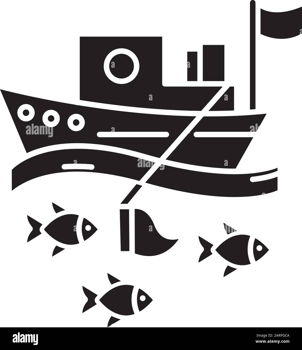 Icône glyphe de l'industrie de la pêche. Icône de couleur bleue. Secteur de la pêche. Activité de pêche commerciale. Chalutier en mer. Affaires dans l'océan. Symbole silhouette. Negat Illustration de Vecteur