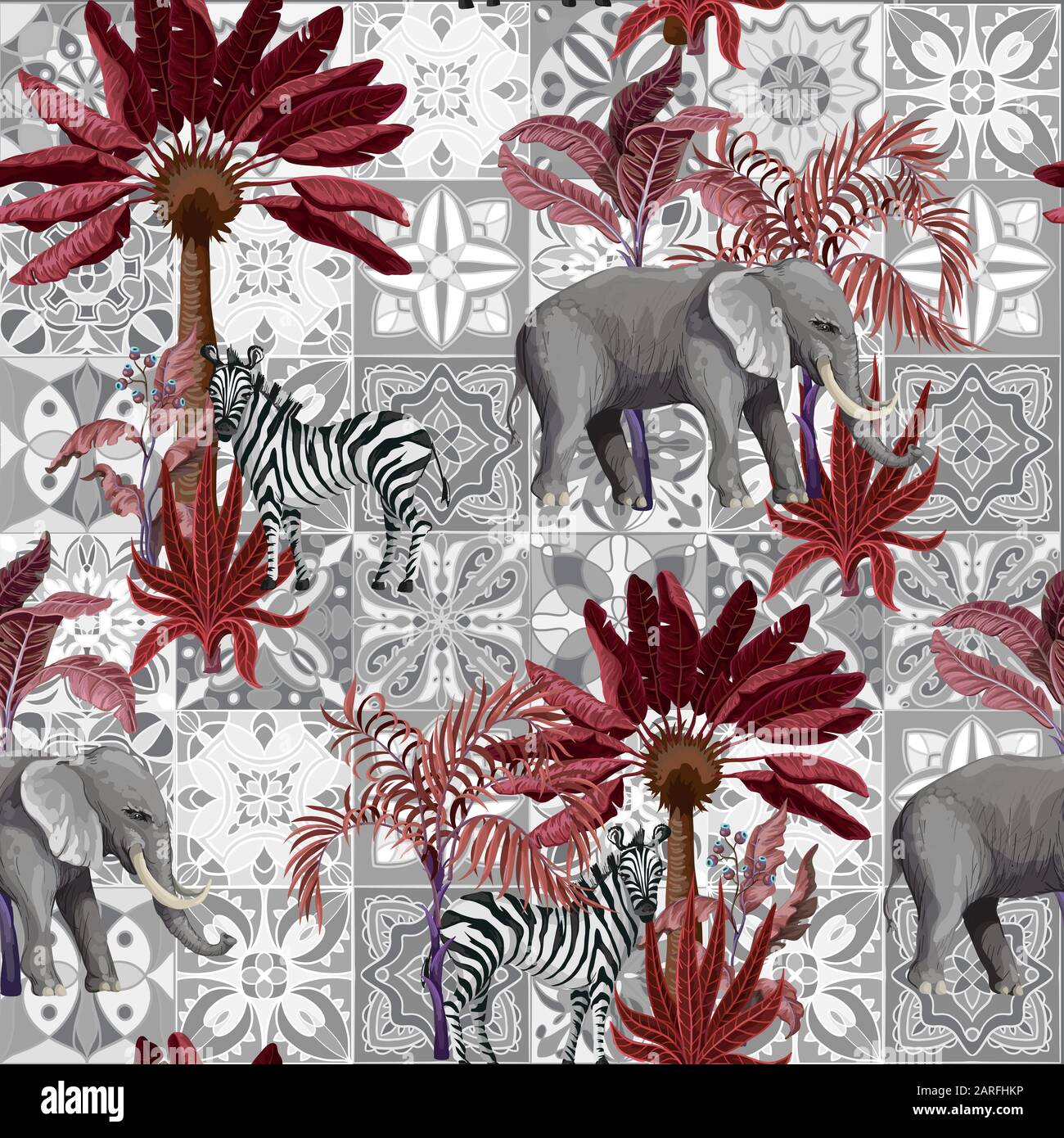 Modèle sans couture avec éléphants et arbres tropicaux sur fond géométrique. Illustration de Vecteur