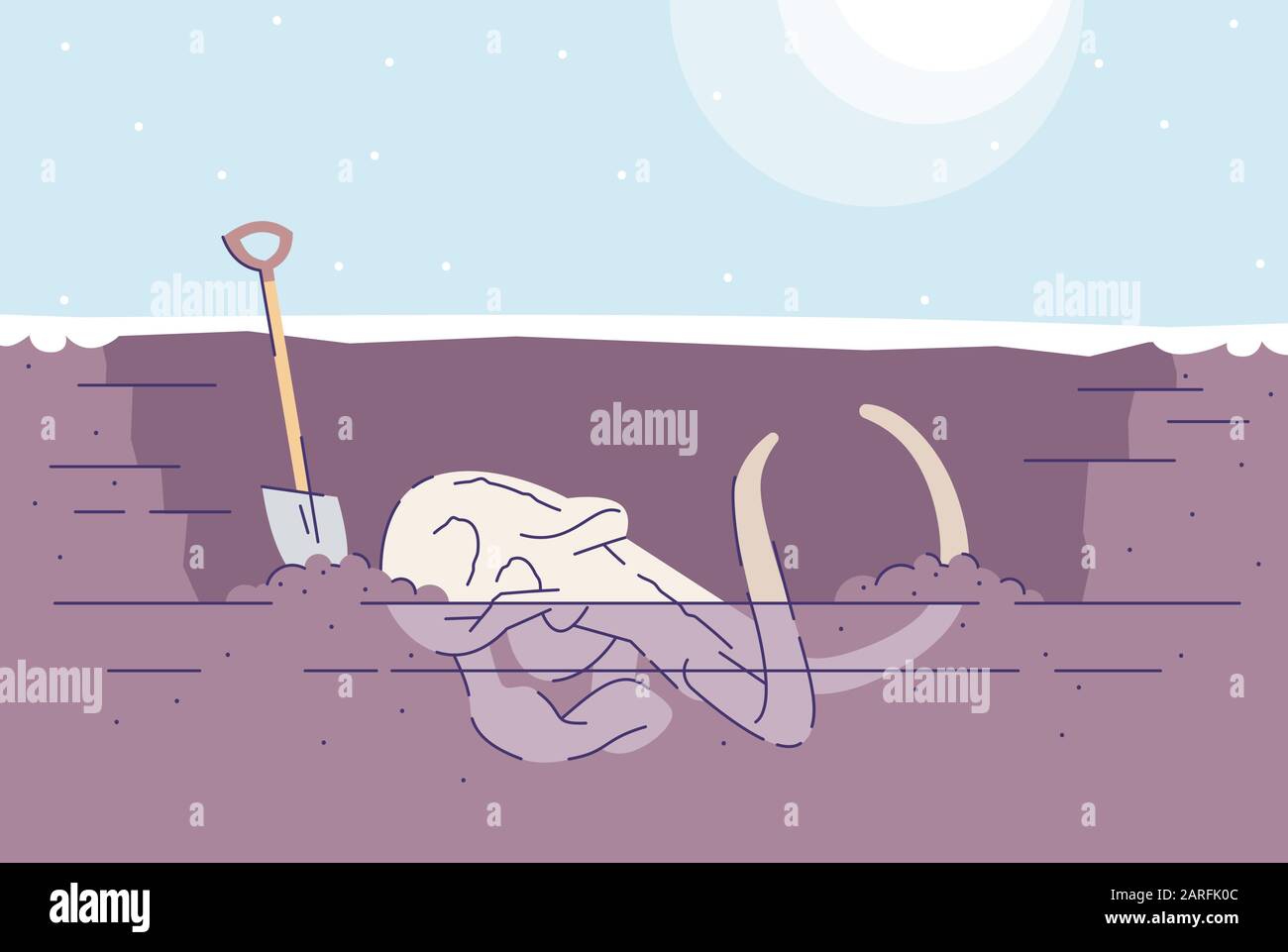 Illustration vectorielle plate d'excavation du crâne de Mammoth. Animaux préhistoriques étudiant. Recherche paléontologique. Apprentissage de l'évolution. Os éteints Illustration de Vecteur
