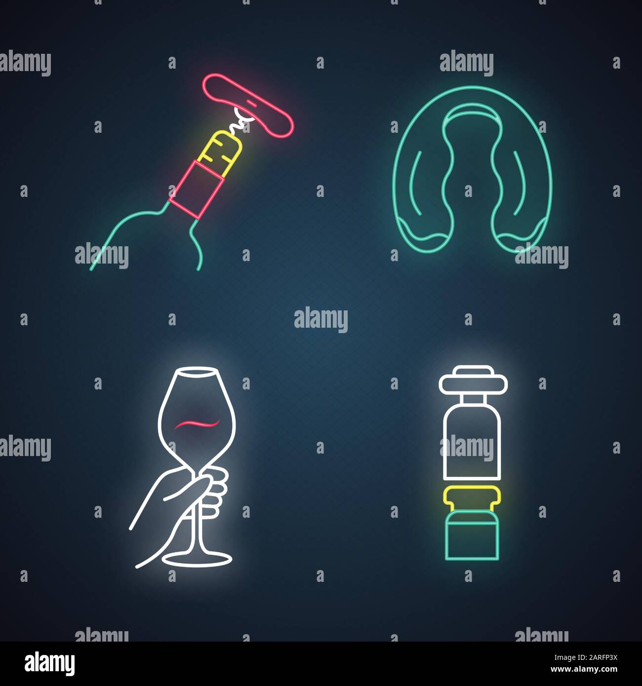 Un service de vins et de vins est disponible avec des icônes lumineuses au néon. Main tenant un verre de cocktail. Flacon avec vis à tête cylindrique. Décanteur, coupe-feuille. Barman, restaurant. Glowin Illustration de Vecteur