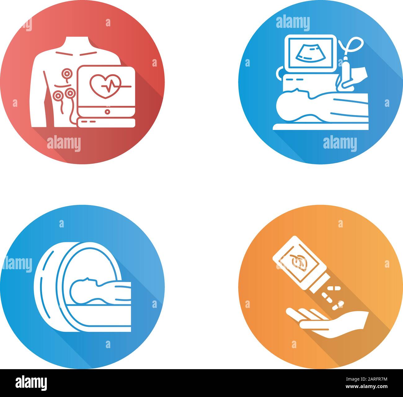 Ensemble d'icônes de glyphes d'ombre longs de conception plate pour procédure médicale. Électrocardiogramme. Diagnostics échographiques. Tomographie. Acquisition cérébrale. Homéopathie. Pilule organique Illustration de Vecteur
