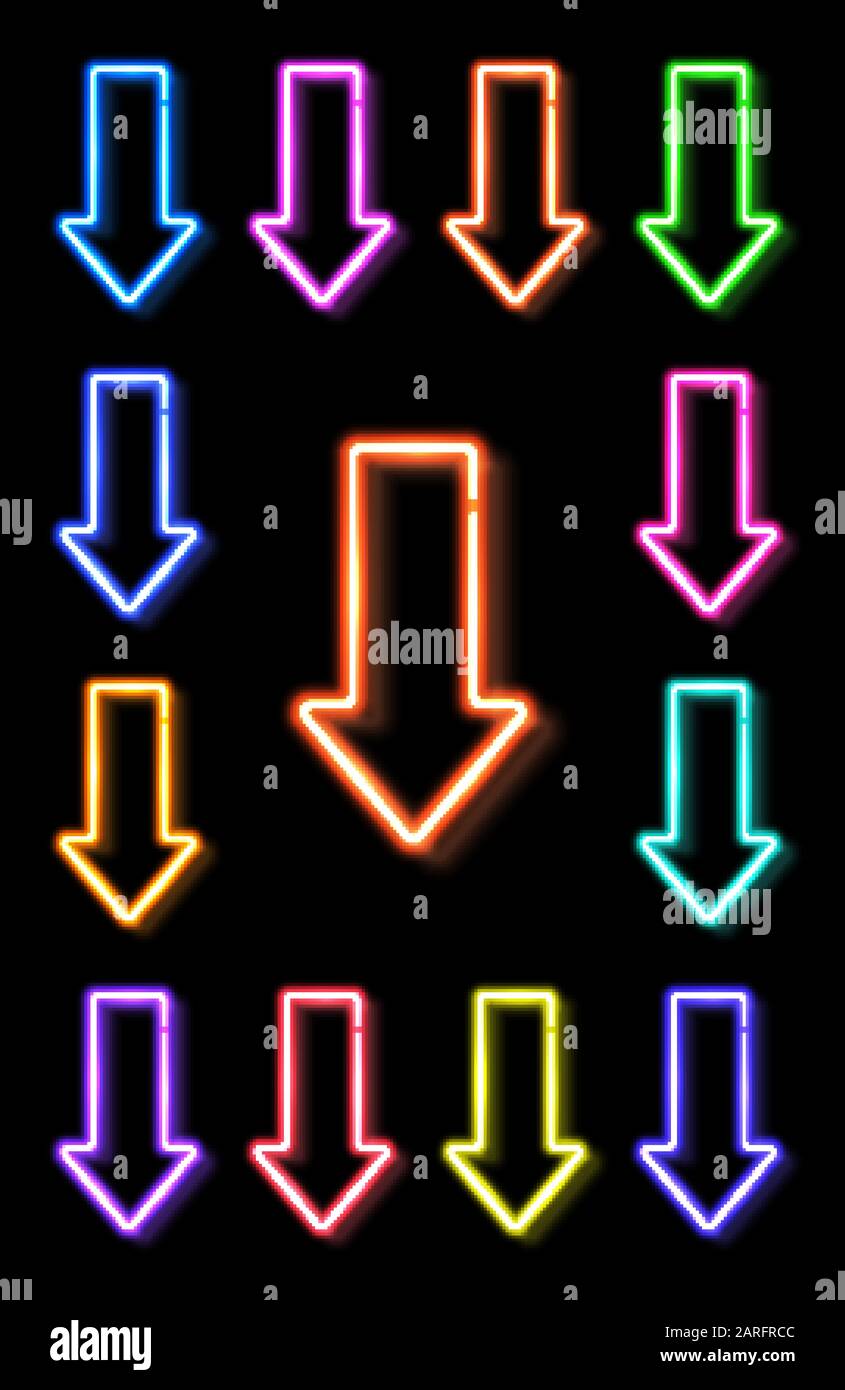 Des flèches réalistes au néon apparaissent sur fond noir. Jeu de symboles de couleur. Contour de lumière électrique bordures conception d'élément pour le signe de nuit b Illustration de Vecteur Des flèches réalistes au néon apparaissent sur fond noir. Jeu de symboles de couleur. Contour de lumière électrique bordures conception d'élément pour le signe de nuit b Illustration de Vecteur