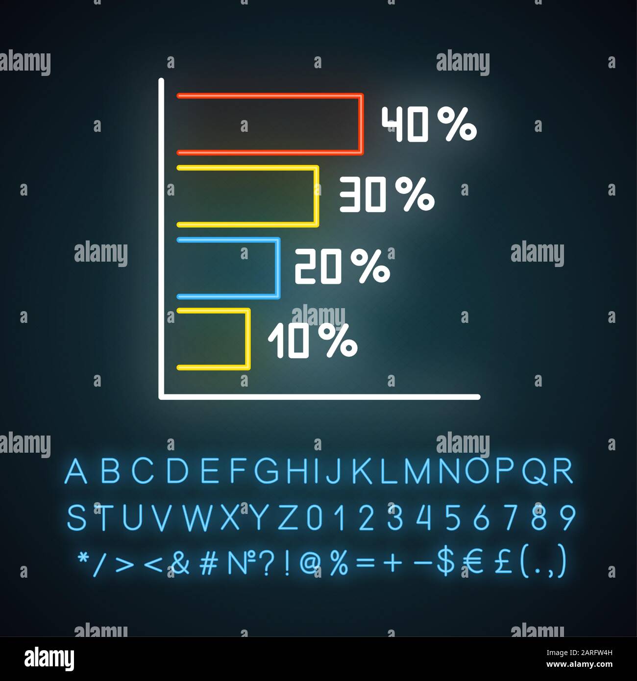 Icône de néon d'histogramme horizontal. Hausse du taux d'intérêt. Augmentation des barres graphiques. Stratégie commerciale. Signe lumineux avec alphabet, chiffres et sy Illustration de Vecteur