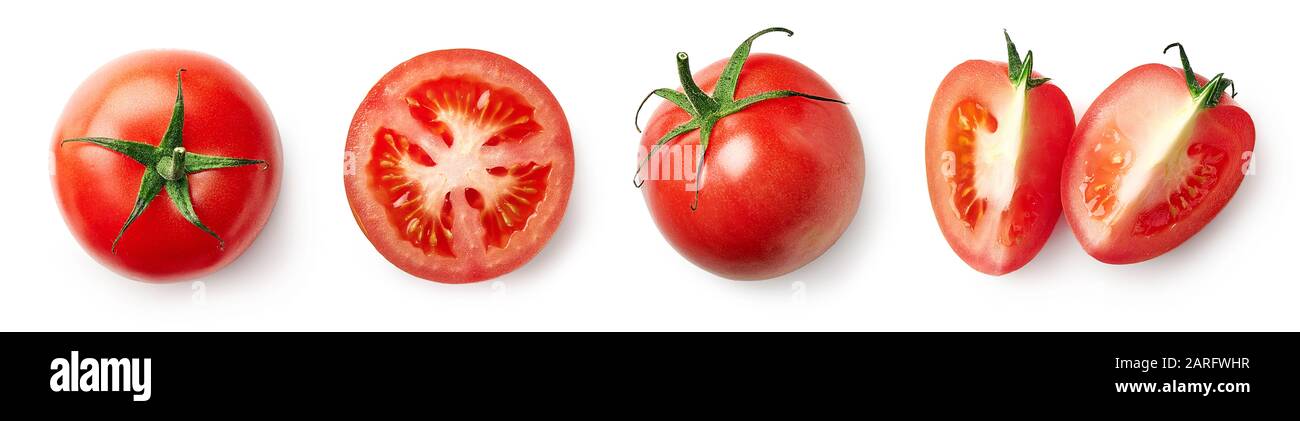 Tomate rouge fraîche, demi et coupée en tranches sur fond blanc, vue de dessus Banque D'Images