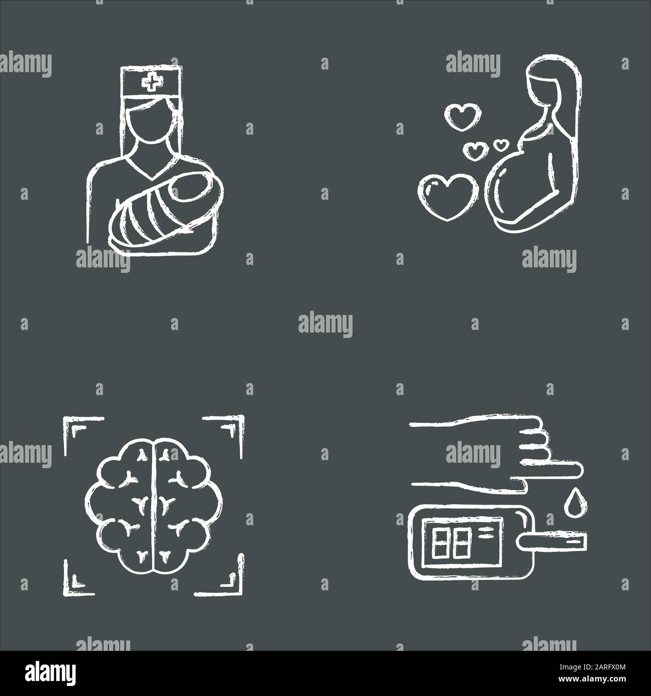 Jeu d'icônes de craie pour procédure médicale. Pédiatrie et soins de grossesse. Acquisition cérébrale. Test sanguin. Aide médicale. Maternité. Infirmière avec bébé. Neuroimagerie, M Illustration de Vecteur