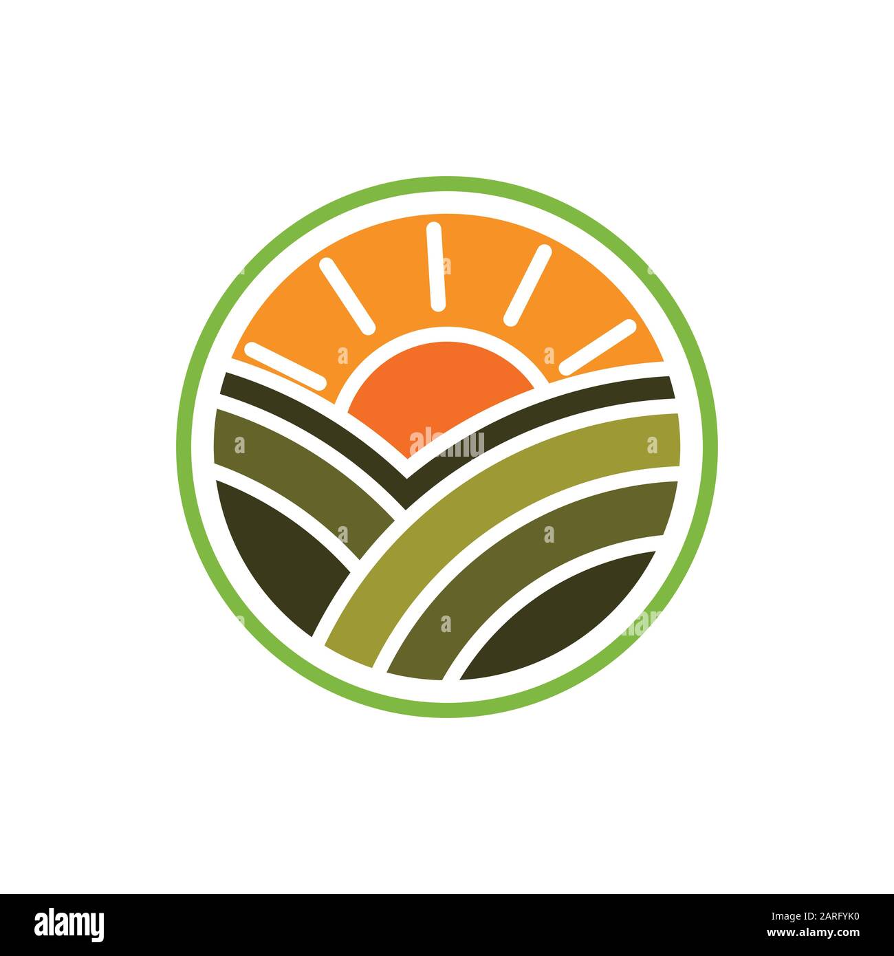 Modèle de conception du logo Agriculture, champ Agriculture avec symbole de signe solaire. Illustration de Vecteur