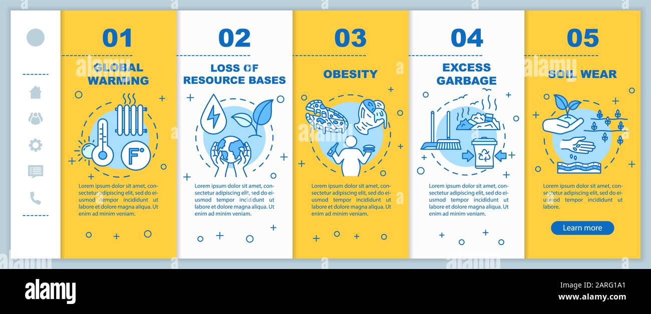 Modèle vectoriel d'intégration de surconsommation. Réchauffement climatique, usure du sol. Consommation et consumérisme. Site Web mobile réactif avec icônes. Page Web à pied Illustration de Vecteur