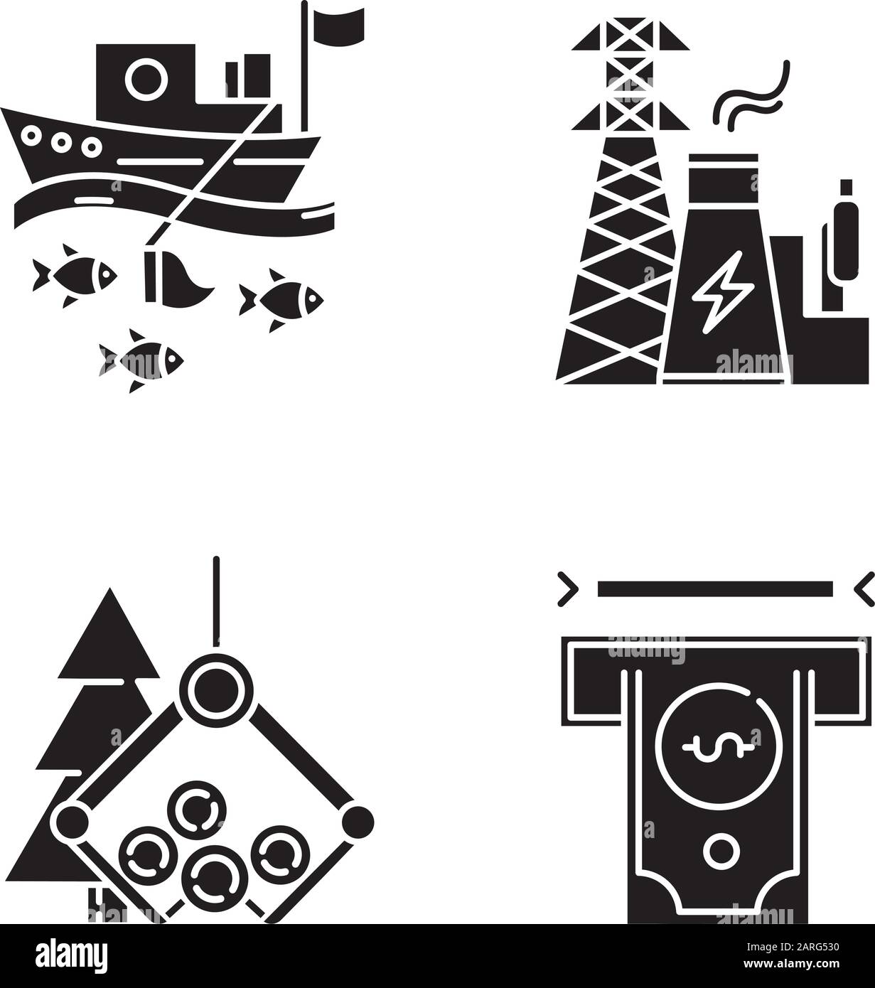 Jeux d'icônes de glyphe de types de secteur. Pêche, énergie, bois, secteurs financiers de l'économie. Sphères d'activité. Production de biens et services. Silhouette sym Illustration de Vecteur Jeux d'icônes de glyphe de types de secteur. Pêche, énergie, bois, secteurs financiers de l'économie. Sphères d'activité. Production de biens et services. Silhouette sym Illustration de Vecteur