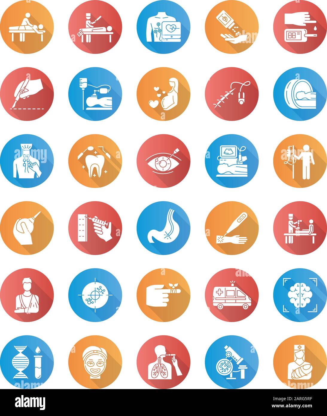 Ensemble d'icônes de glyphes d'ombre longs de conception plate pour procédure médicale. Chirurgie. Endoscopie. Acquisition cérébrale. Aide d'urgence. Test sanguin. Traitement des blessures. Vision correcte Illustration de Vecteur