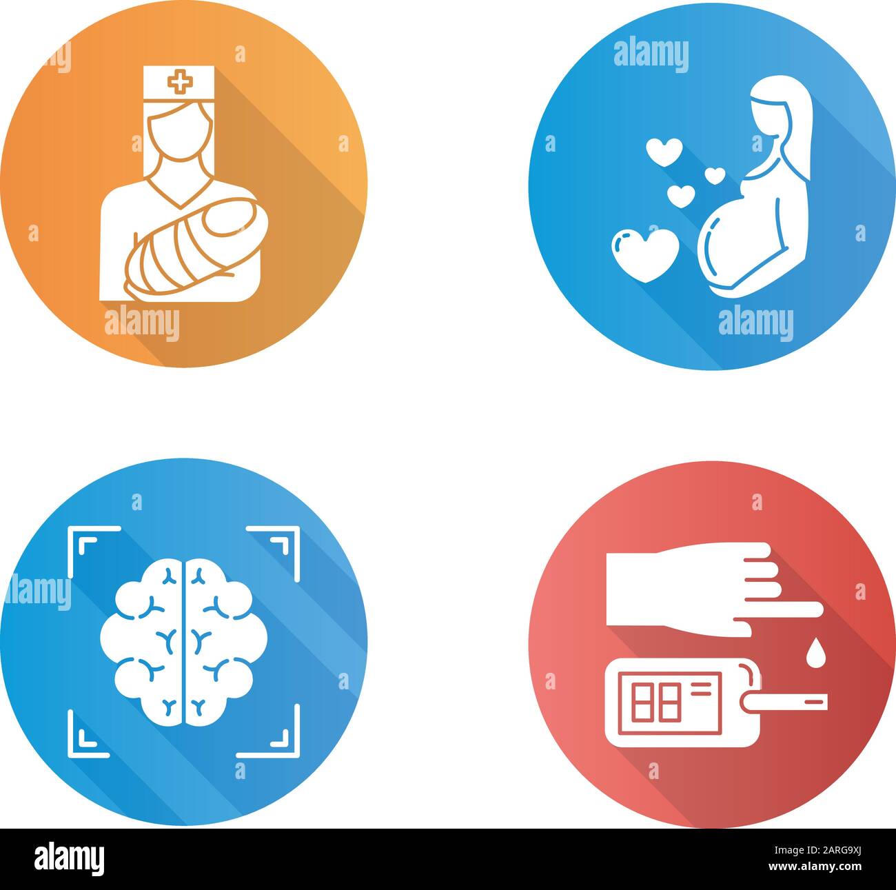 Ensemble d'icônes de glyphes d'ombre longs de conception plate pour procédure médicale. Pédiatrie, grossesse. Acquisition cérébrale. Test sanguin. Aide médicale. Maternité. Infirmière avec bébé. Illustration de Vecteur