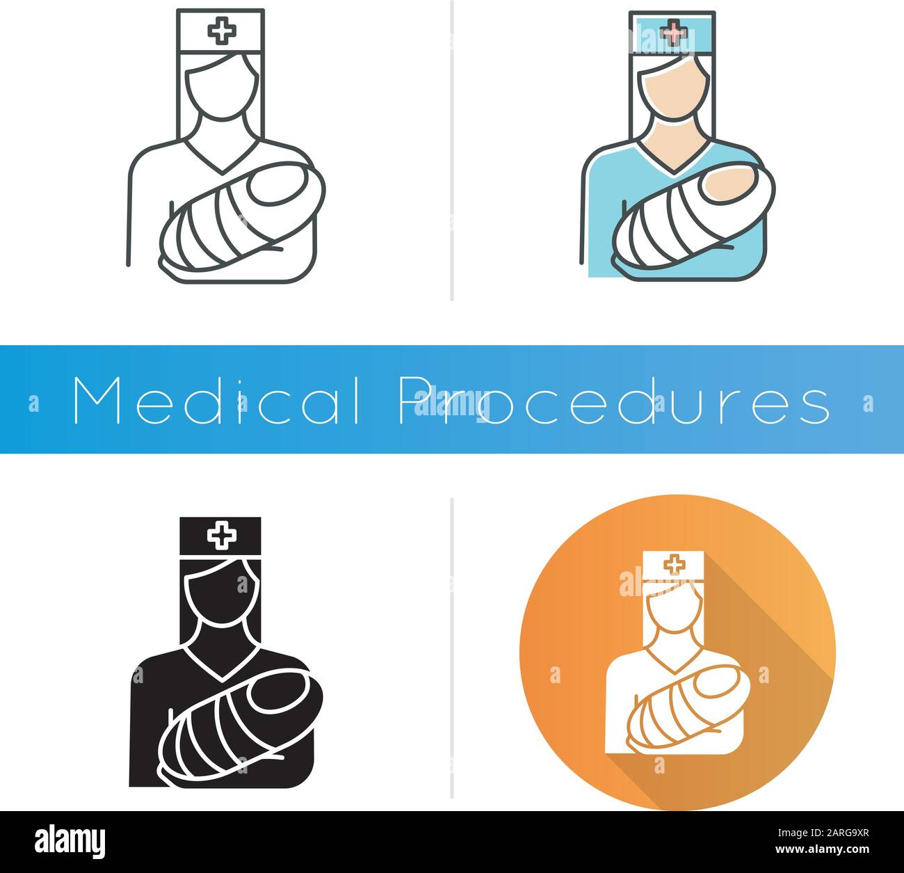 Icône pédiatrique. Infirmière avec bébé. Médecin transportant le nourrisson. Garde D'Enfants. Aide prématurée du nouveau-né. Médecin. Procédures médicales. Conception plate, linéaire et co Illustration de Vecteur
