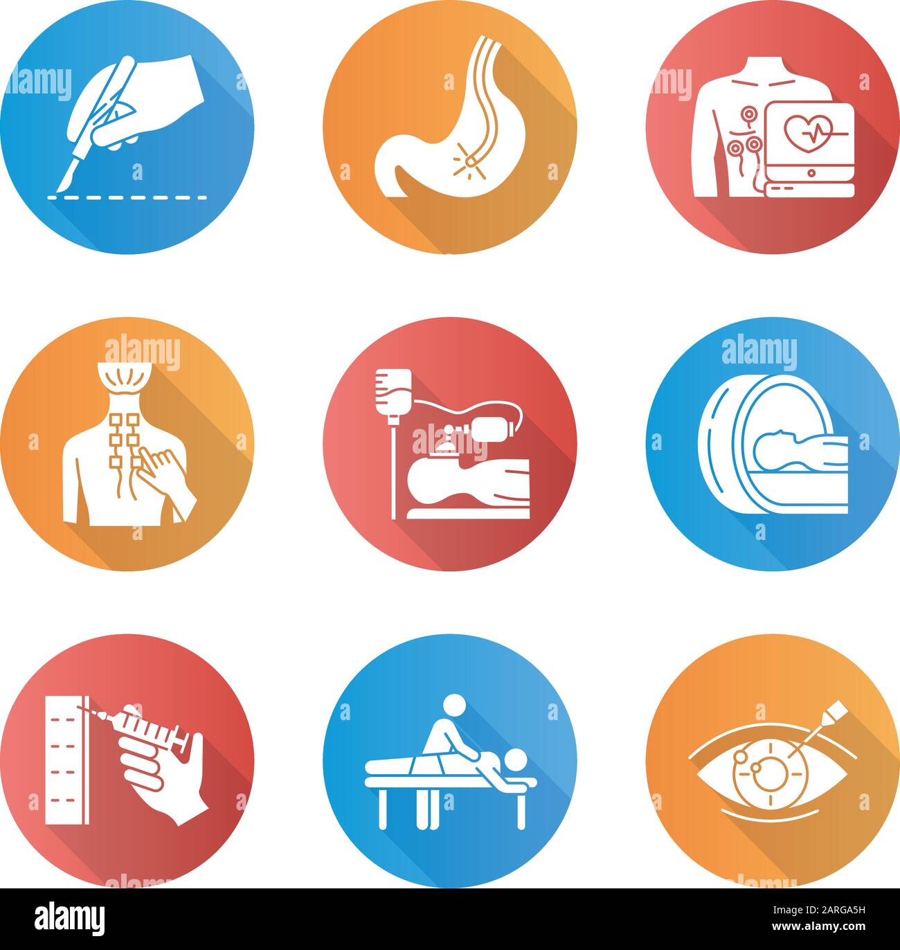 Ensemble d'icônes de glyphes d'ombre longs de conception plate pour procédure médicale. Chirurgie. Endoscopie. Électrocardiogramme. Physiothérapie. Anesthésie. Tomographie. Massage. Visi Illustration de Vecteur