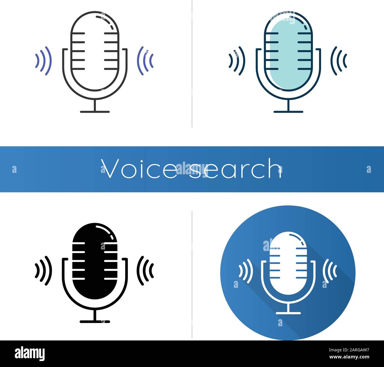 Icônes de microphone définies. Idée du logiciel de numérisation vocale. Équipement d'enregistrement sonore moderne. Fréquence stéréo, reconnaissance vocale. Amplificateur de volume. Linéaire, noir Illustration de Vecteur