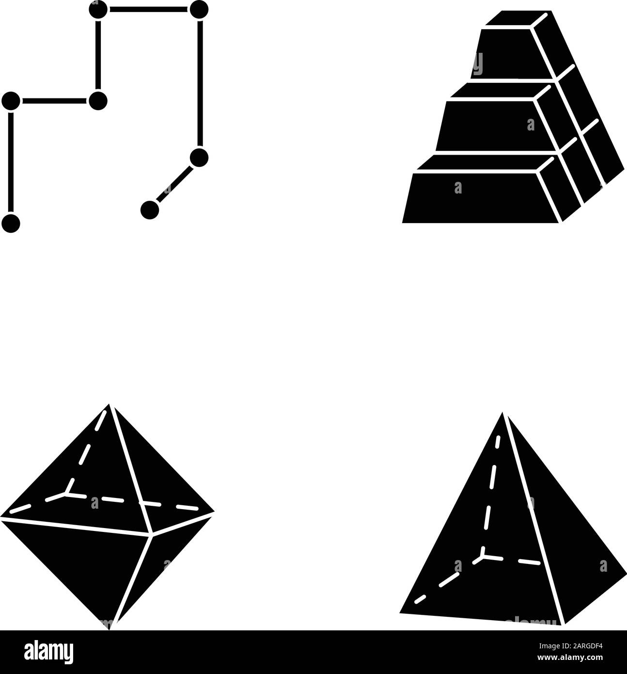 Jeu d'icônes de glyphe de figures géométriques. Lignes connectées avec des points. Stock de blocs. Pile de briques. Double pyramide. Formes abstraites. Formes isométriques. Sil Illustration de Vecteur