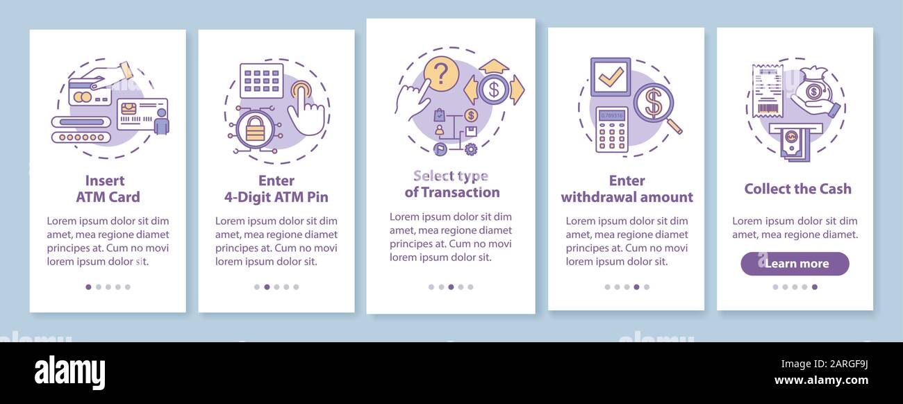 Écran de page d'application mobile d'intégration des instructions ATM avec concepts linéaires. Sélectionnez le type de transaction. Cinq étapes de présentation des instructions graphiques. UX, U Illustration de Vecteur