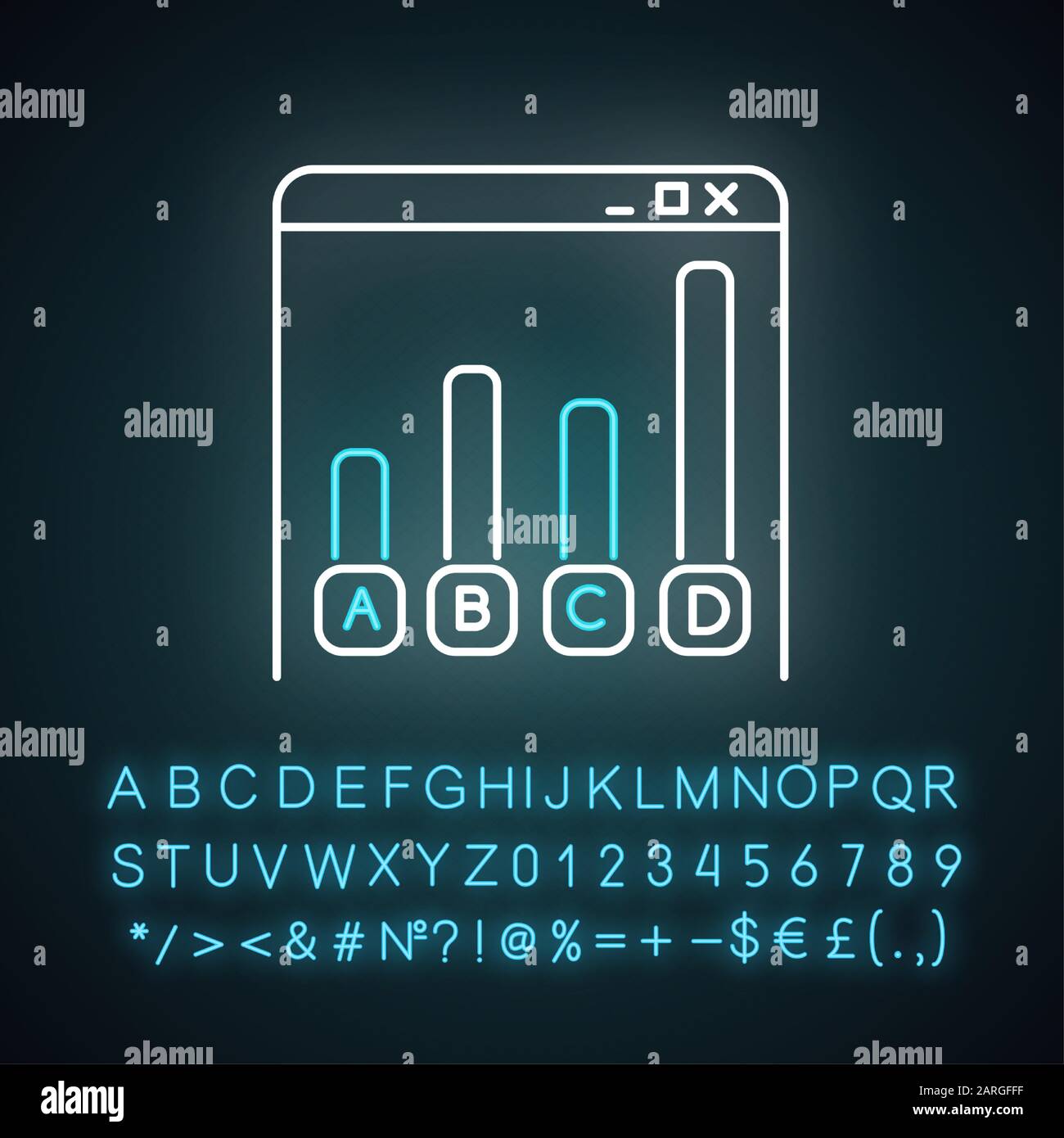 Icône de lumière néon d'enquête en ligne. Analyse des statistiques. Graphique Web. Graphique Internet. Collecte d'informations. Questionnaire numérique. Signe lumineux avec alphabet, num Illustration de Vecteur
