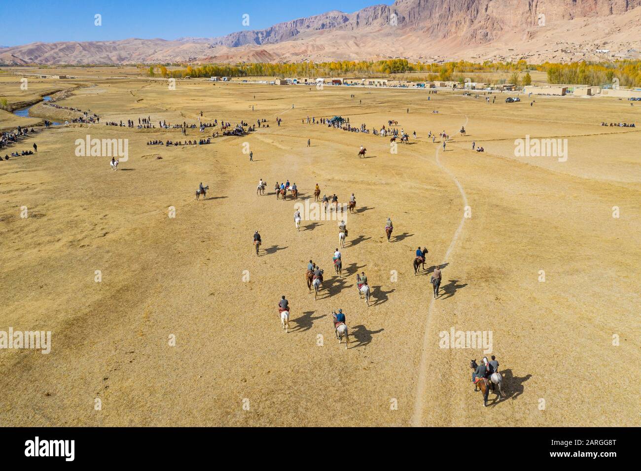 Aérien par drone d'un jeu de Buzkashi, Yaklawang, Afghanistan, Asie Banque D'Images