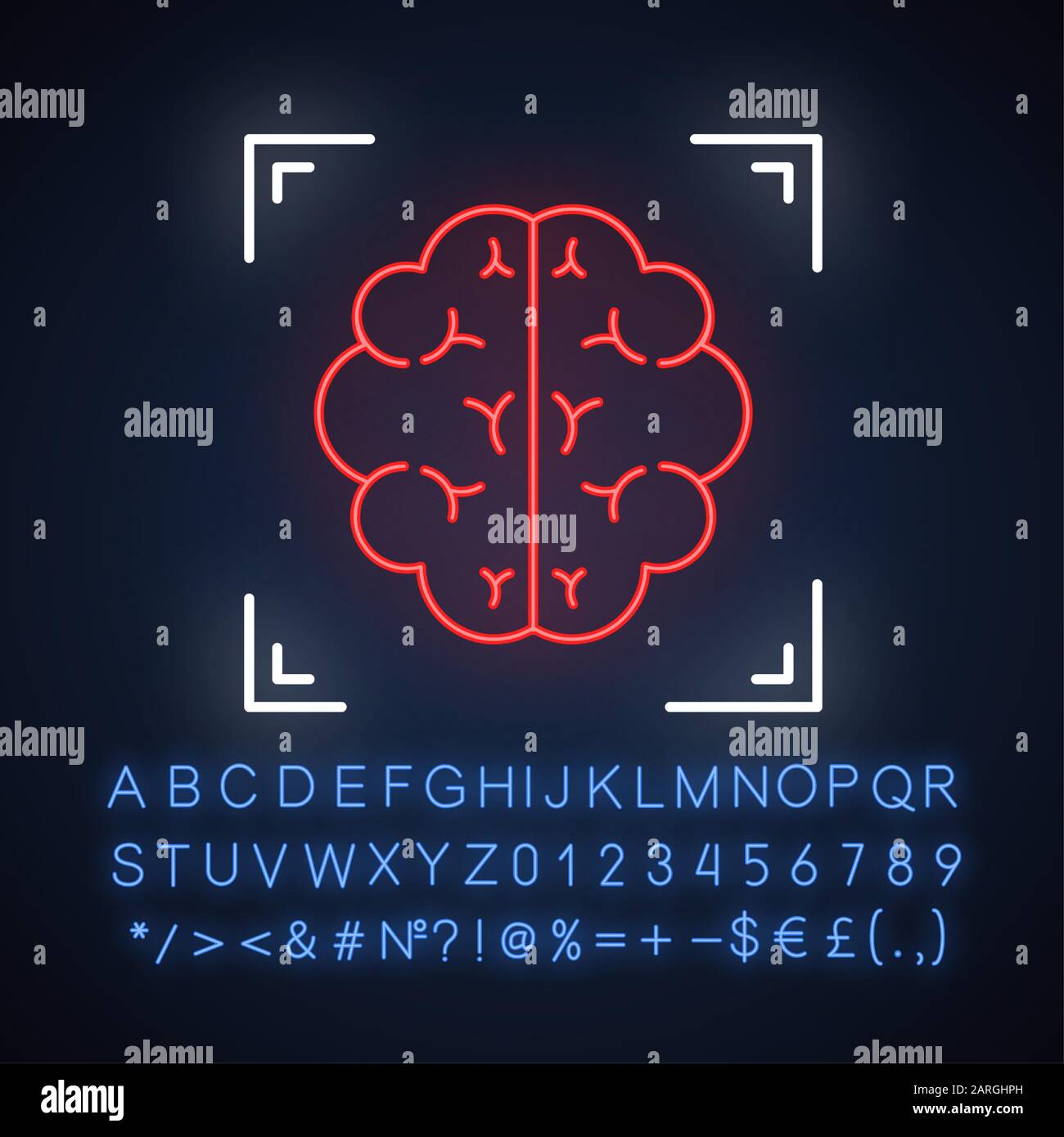 Icône de lumière fluo d'acquisition cérébrale. Neuroimagerie. Analyse de la structure du système nerveux. Procédure médicale. Neurologie. Signe lumineux avec alphabet, chiffres et sym Illustration de Vecteur