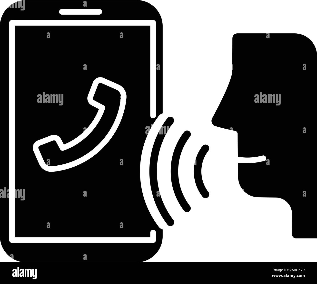 Icône glyphe de numérotation vocale. Appel sur smartphone, contrôle vocal, reconnaissance vocale. Conversation téléphonique. Système de commande de son. Symbole silhouette. Négatif sp Illustration de Vecteur