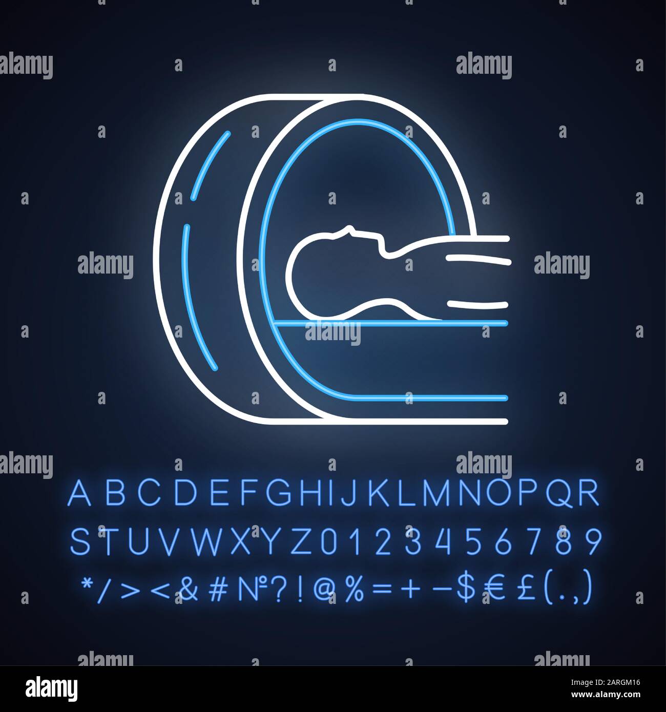 Icône de lumière néon tomographique. Acquisition cérébrale. Contrôle des tumeurs cancéreuses. Examen de la maladie. Procédure médicale. Évaluation de la santé. Signe lumineux avec alphabet, num Illustration de Vecteur