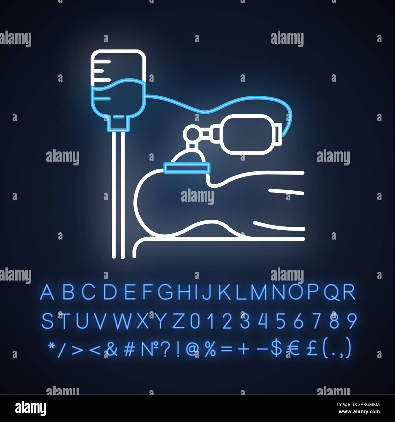 Icône du néon d'anesthésie. Procédure médicale. Stade de l'apnée. Induction liquide. Patient inconscient sur le lit. Compte-Gouttes. Signe lumineux avec alphabet, chiffres Illustration de Vecteur