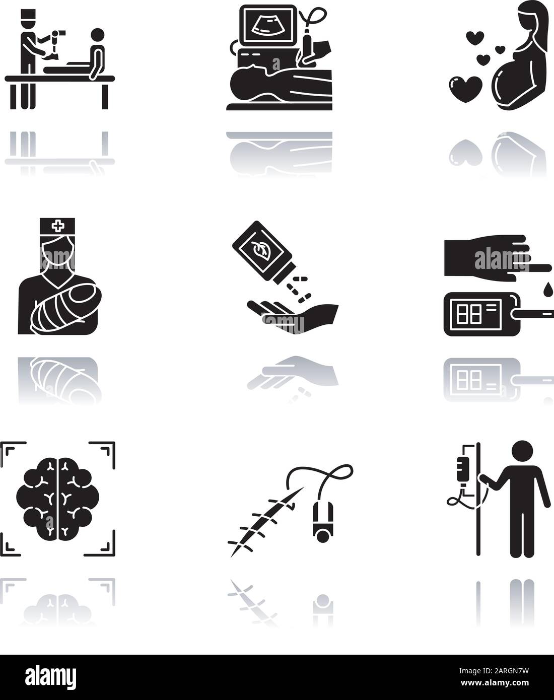 Procédure médicale ensemble d'icônes de glyphe noir à ombre portée. Prothèses. Diagnostic par ultrasons. Grossesse, pédiatrie. Homéopathie. Test sanguin. Acquisition cérébrale. St Illustration de Vecteur