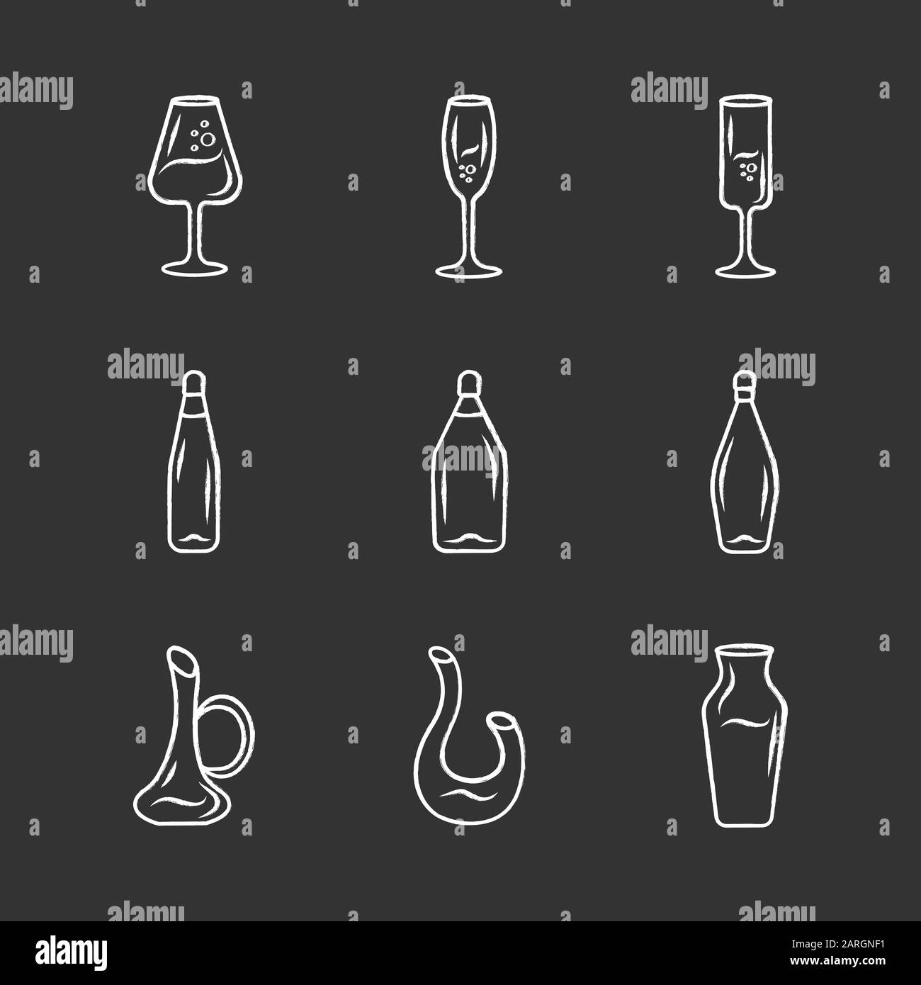 Ensemble d'icônes de craie pour verrerie de cave de vinification. Différents types de vin. Décanteurs, bouteilles, verres. Boissons apéritif, cocktails, boissons alcoolisées au bar, restaurant Illustration de Vecteur