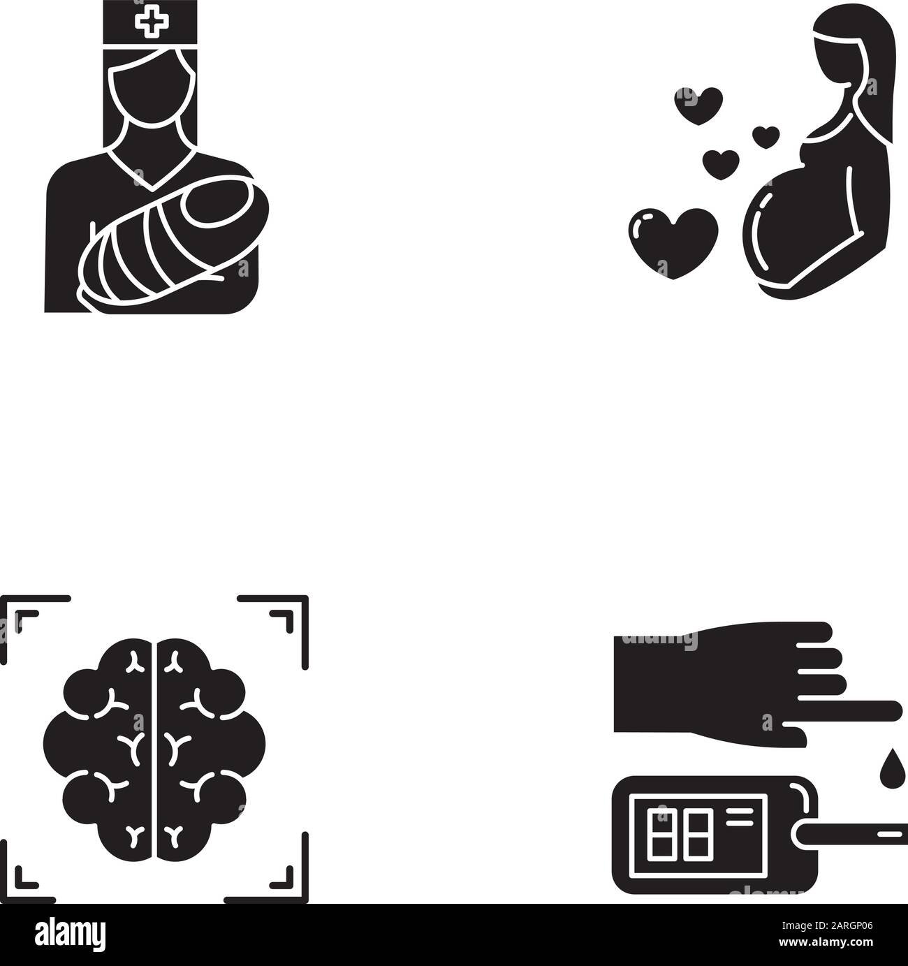 Jeu d'icônes de glyphe de procédure médicale. Pédiatrie et soins de grossesse. Acquisition cérébrale. Test sanguin. Santé. Maternité. Infirmière avec bébé. Neuroimagerie, IRM. Illustration de Vecteur