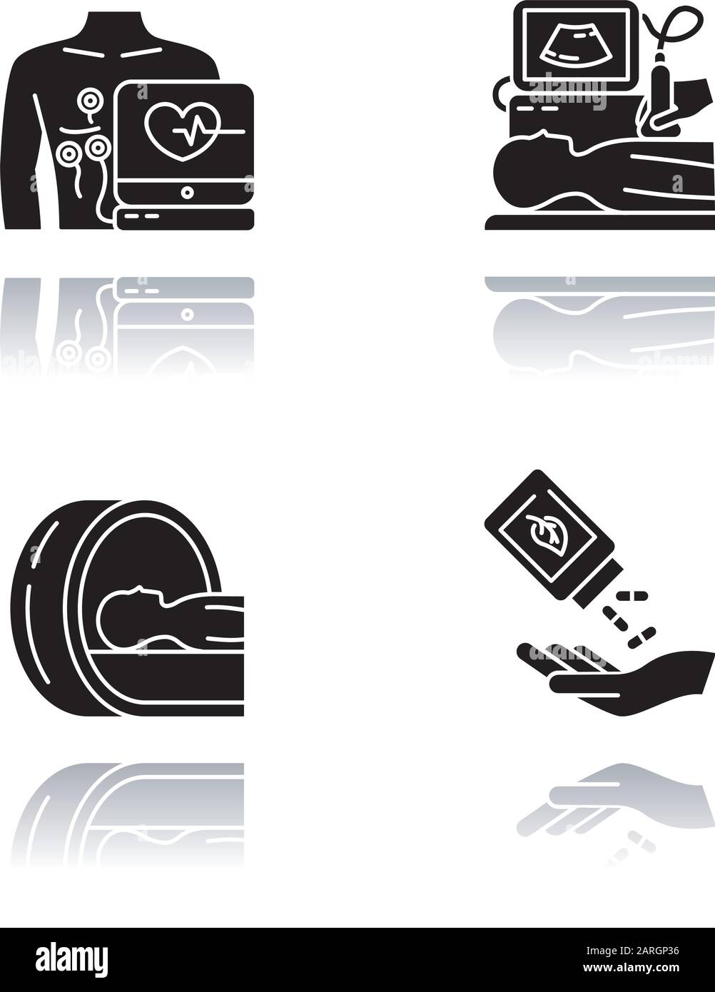 Procédure médicale ensemble d'icônes de glyphe noir à ombre portée. Électrocardiogramme. Diagnostics échographiques. Tomographie. Acquisition cérébrale. Homéopathie. Pilules organiques. Illustration de Vecteur
