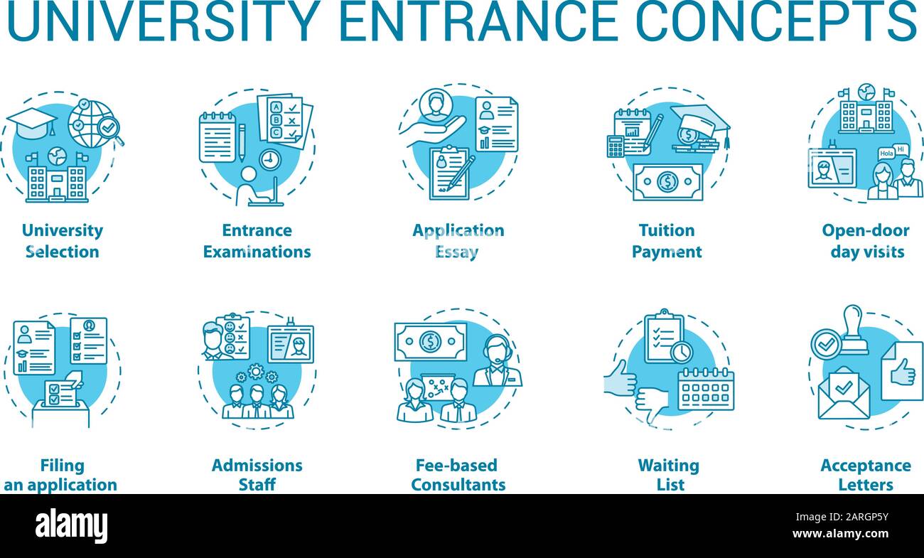 Ensemble d'icônes de concept d'entrée à l'université. Sélection de l'Académie, préparation de documents, examens et idée d'admission d'illustrations en ligne mince. Vecteur isolé Illustration de Vecteur
