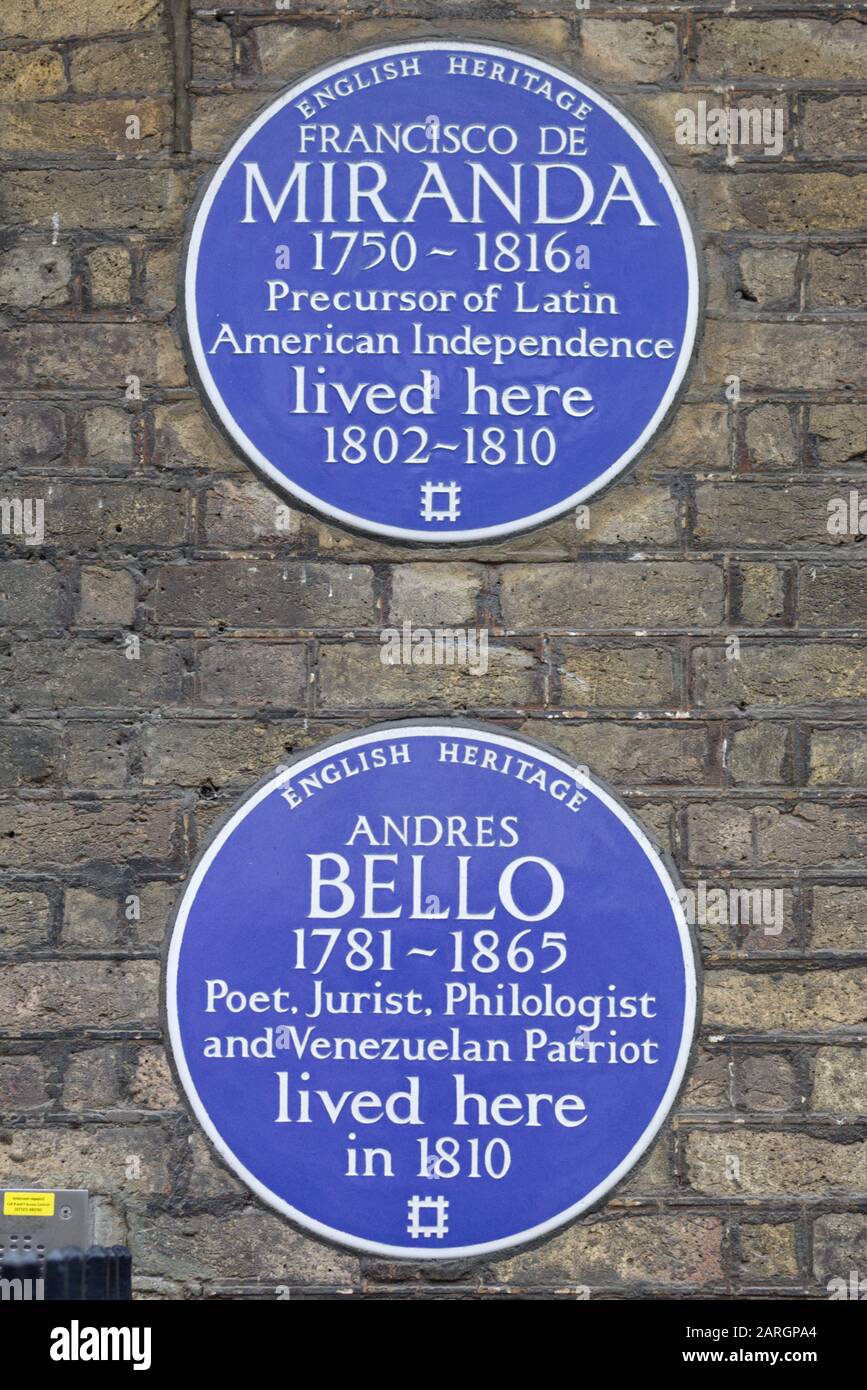 Plaques bleues du patrimoine anglais pour Francisco de miranda et Andres Bello Banque D'Images