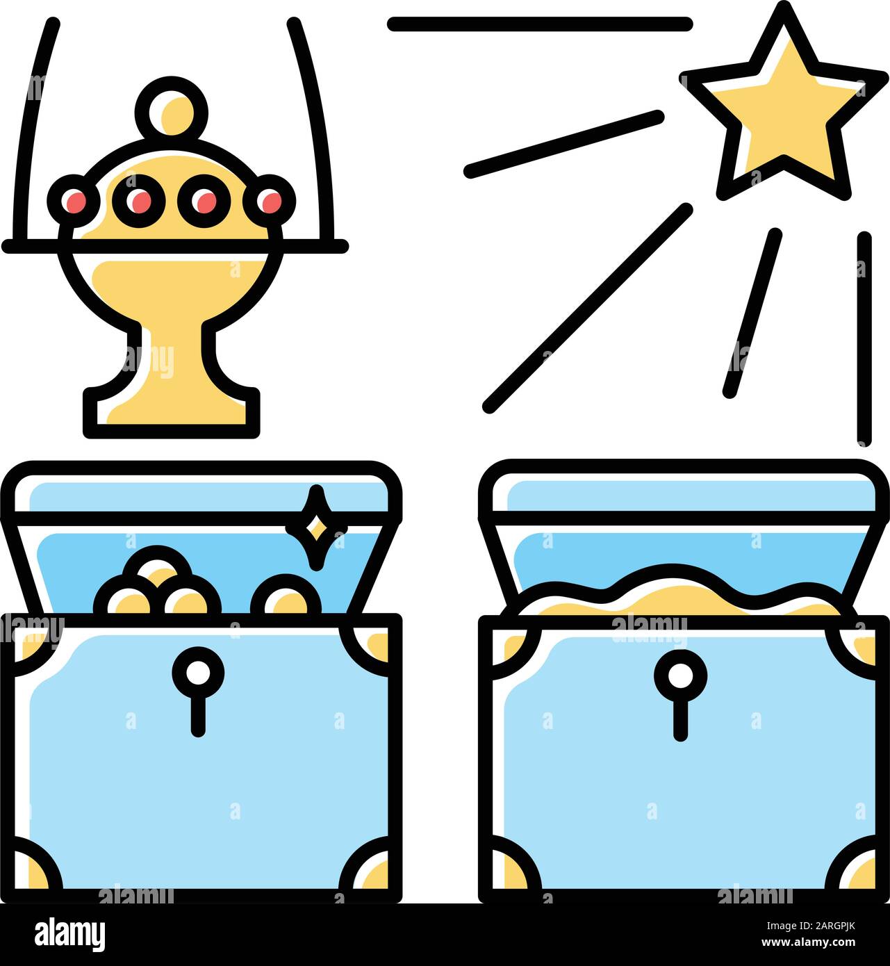 Cadeaux de l'icône de couleur bleu magi. Bébé Jésus cadeaux de trois rois magiques. Trésors illuminés par l'étoile. Vacances de Noël. Bonne journée Epiphany. Bibl Illustration de Vecteur