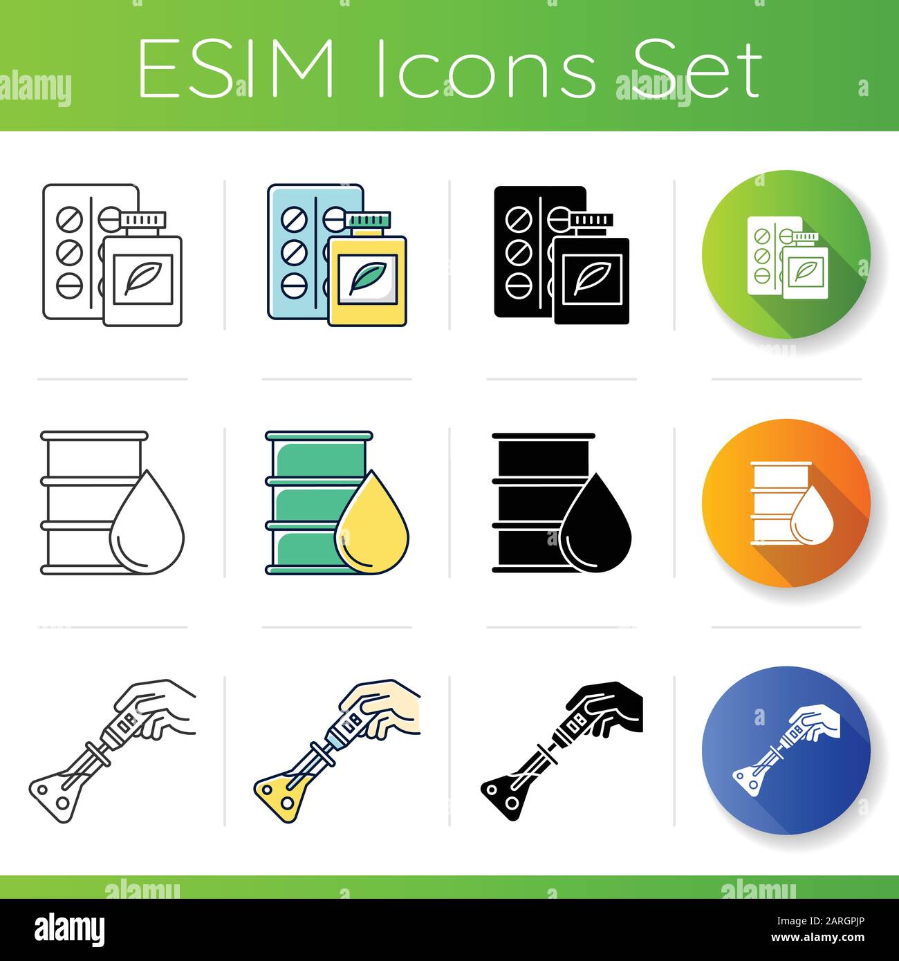 Ensemble d'icônes de produits scientifiques. Carburant et pilules à base de  plantes. Synthèse chimique. Expérience de laboratoire. Recherche en chimie  organique. Conception plate, linéaire, noire et noire Image Vectorielle  Stock - Alamy