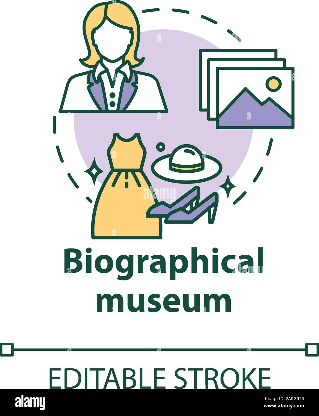 Icône du concept de musée biographique. Exposition de matériel culturel. Vêtements, effets personnels. Célèbre personne histoire exposition idée fine illustration. Ve Illustration de Vecteur