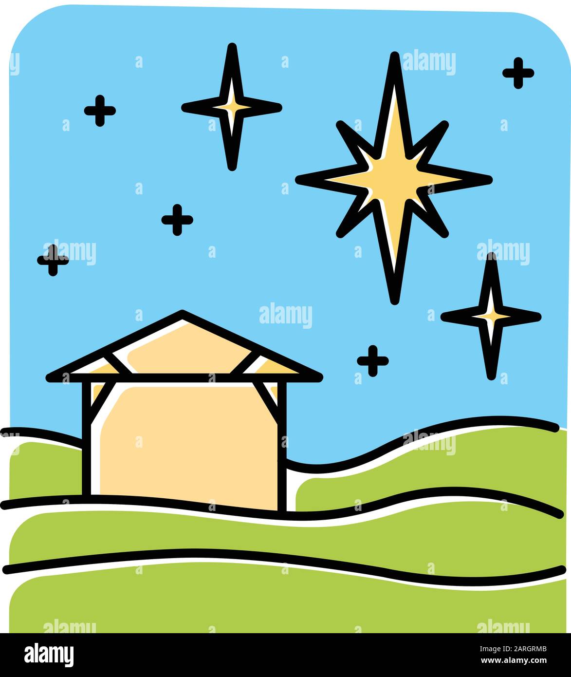 Icône de couleur bleu étoile de Noël. Nuit Sainte chrétienne. Réveillon de Noël. Ciel étoilé et petite maison. Naissance De Jésus-Christ. Étoile de Bethléem. Histoire de la Bible Illustration de Vecteur
