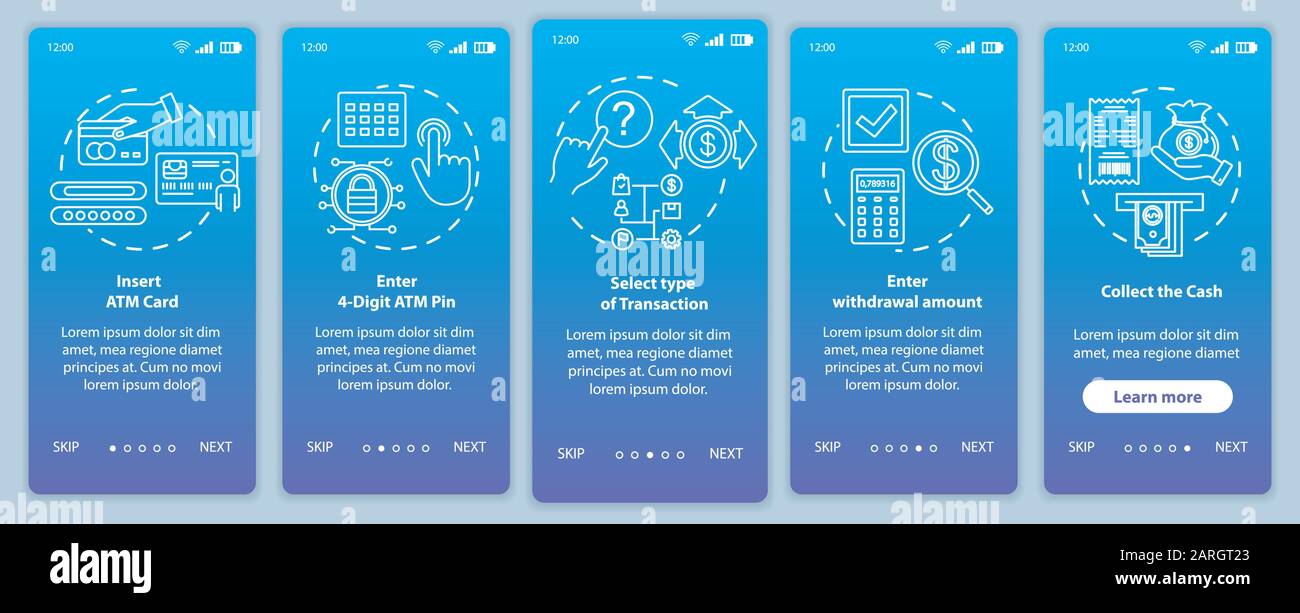 Modèle vectoriel d'écran de page d'application mobile d'intégration d'instructions ATM. Procédure de présentation du site Web avec des illustrations linéaires. Type de transaction. UX, INTERFACE UTILISATEUR, G Illustration de Vecteur