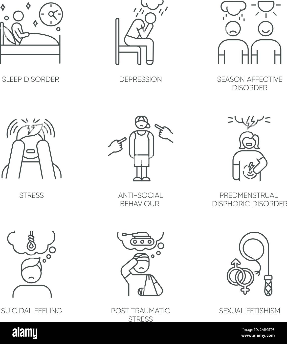 Ensemble d'icônes linéaires de troubles mentaux. Dépression. Contrainte, PTSD. Comportement anti-social. Dysphorie. Sentiment suicidaire. Symboles de contour de ligne mince. Isolé ve Illustration de Vecteur