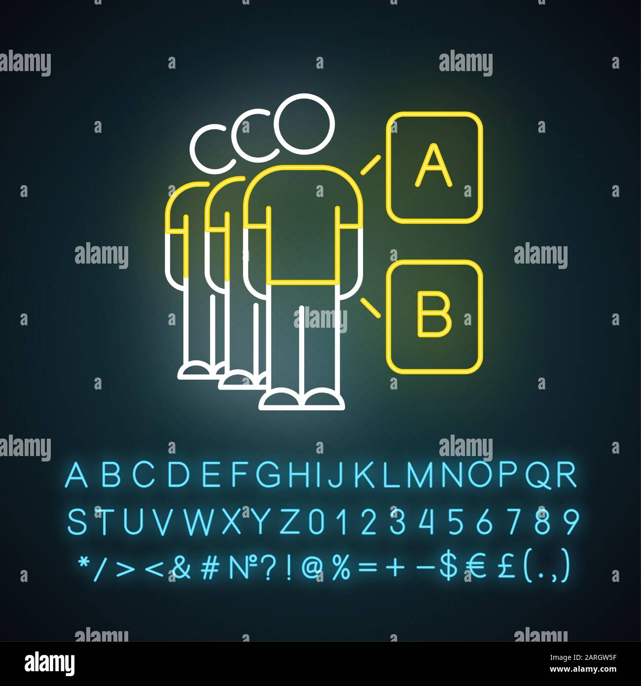 Icône de lumière néon pour étude de masse. Groupe de discussion. Option alternative. Recherche info. Évaluation de l'opinion publique. Vote. Liste De Contrôle. Signe lumineux avec alphabet, Illustration de Vecteur